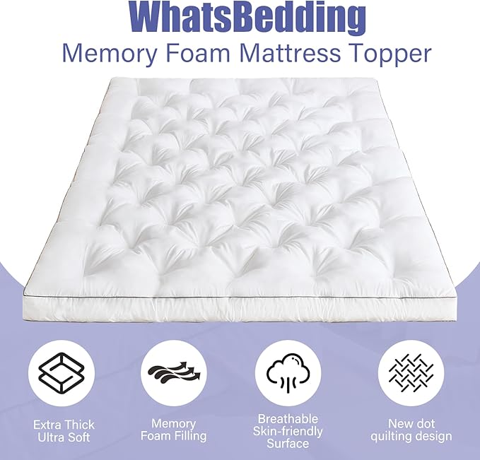 WhatsBedding 4 Inch Memory Foam Mattress Topper Queen for Back Pain Relief, Filled with Breathable Gel Memory Foam, Fluffy Comfort Supportive Pillow Top Mattress Topper, 80x60x4in