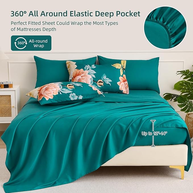Drucon Floral Comforter Set King Size 7 Pieces Bed in a Bag, Teal Blue Floral Bedding Set, Soft Microfiber Comforter and Sheet Set for All Season (King, 104"x90")