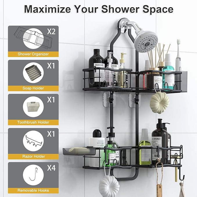 Shower Caddy Hanging Organizer, Rustproof Over Shower Head Caddy Holder with Hooks for Razor/Sponge, No Drilling Bathroom Racks Bath Storage Shelves for Shampoo Soap Towels, Black - Image 4