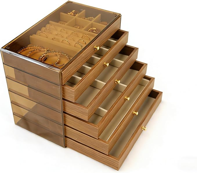 Wooden Jewelry Box Organizers and Storage for Girls Women 6 Drawers Multi-Layer Storage Case for Rings Earrings Necklaces Bracelets Vintage Box by Unknown