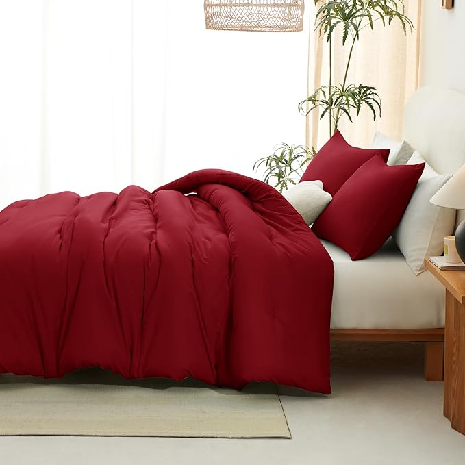 CozyLux King Size Comforter Set Dark Red, 3 Pieces Solid Comforters King Size Breathable Quilted Bedding Sets, Luxury Soft Lightweight Bed Set with Down Alternative Comforter and 2 Pillowcases