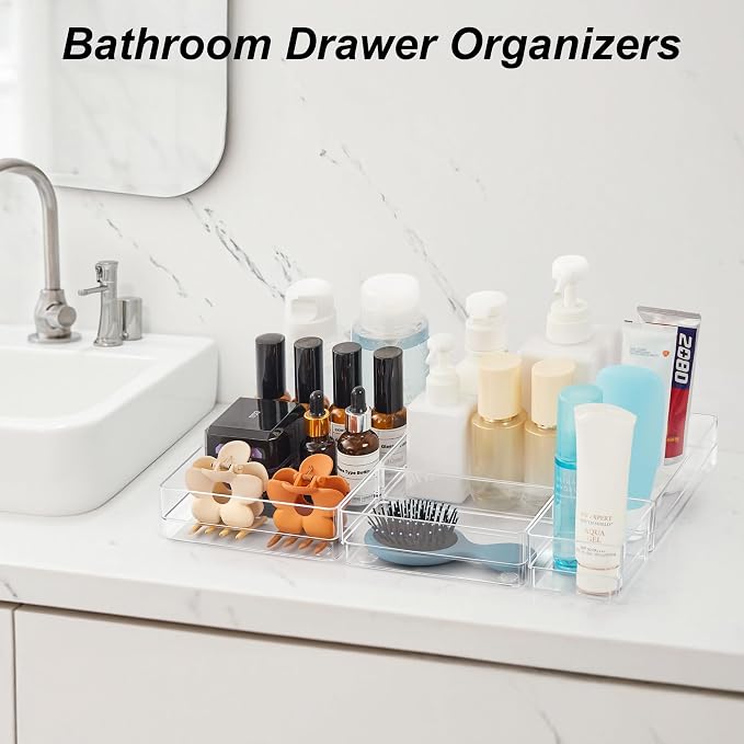 SMARTAKE 7-Piece Drawer Organizer with Non-Slip Silicone Pads, 4-Size Desk Drawer Organizer Trays Storage Tray for Makeup, Jewelries, Utensils in Bedroom Dresser, Office and Kitchen (Clear) - Image 6