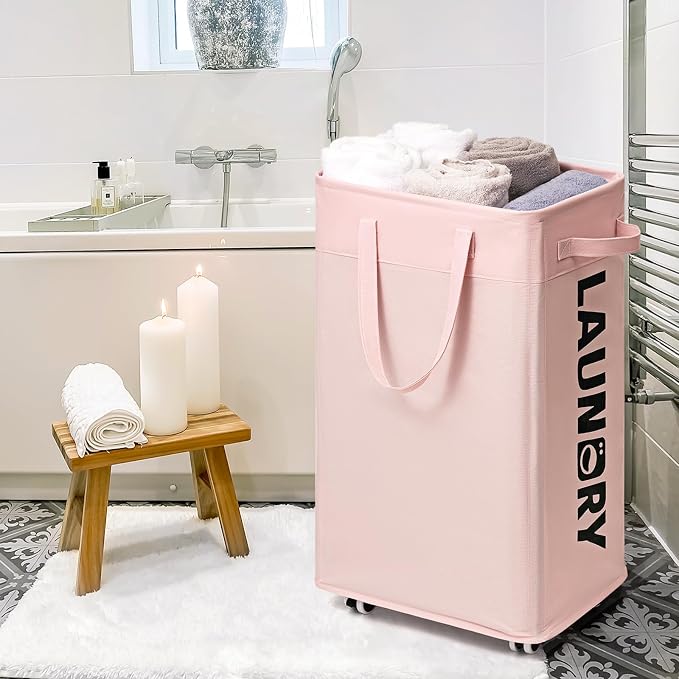 Goodpick Pink Laundry Baskets with Wheels 2-Pack, 75L Rolling Laundry Basket with Removable Wash Bags, Large Laundry Hamper for Corner Dorm, Collapsible Laundry Basket on Wheels - Image 7