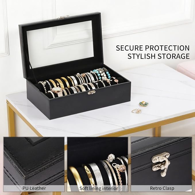 AUTOARK Bracelet & Watch Storage Box with Glass Lid & 2 Anti-Roll Rods,PU Leather Jewelry Case,Soft Lined Locking Organizer for Women,Gift for Dresser & Cabinet Display,Black,MKAW145 - Image 3
