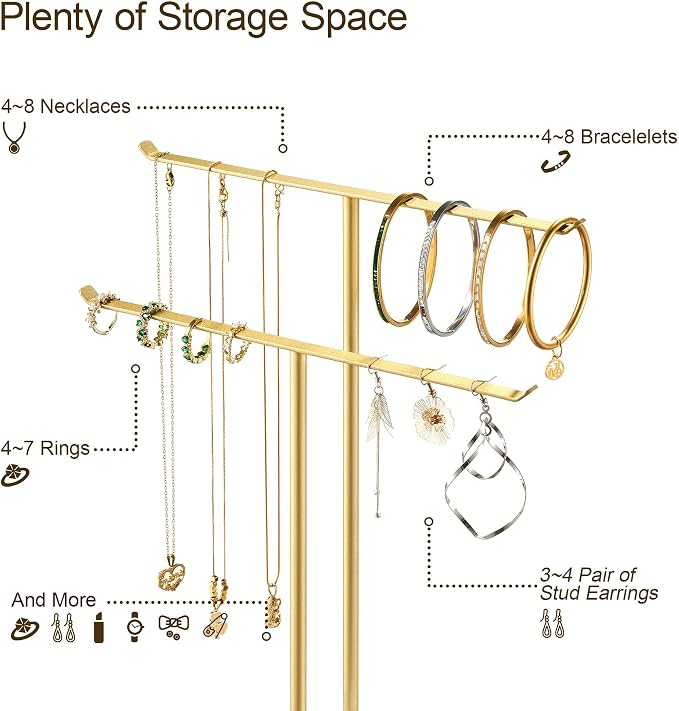 pickpiff Necklace Holder Jewelry Organizer Stand – 2‑Tier T‑Bar Jewelry Display Tree with Tray for Countertop Necklace Bracelet Earring Storage, Vanity Dresser Bathroom Sink, Gold - Image 5