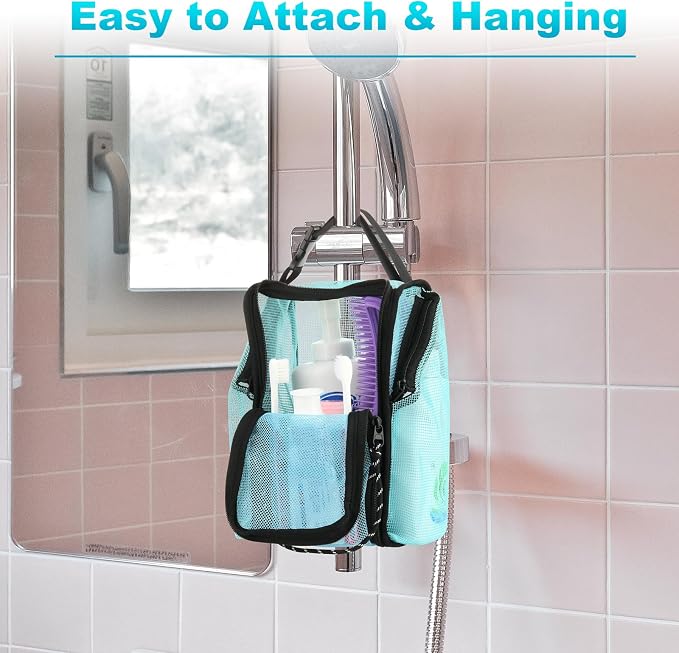 Cosmos Mesh Shower Caddy Toiletry Organizer Hanging Shower Tote Bag, Quick Dry Shower Organizer Portable Bath Bag with Durable Zippers & Side Pockets for Travel Gym Swimming Beach & Camp (Aqua Blue) - Image 5