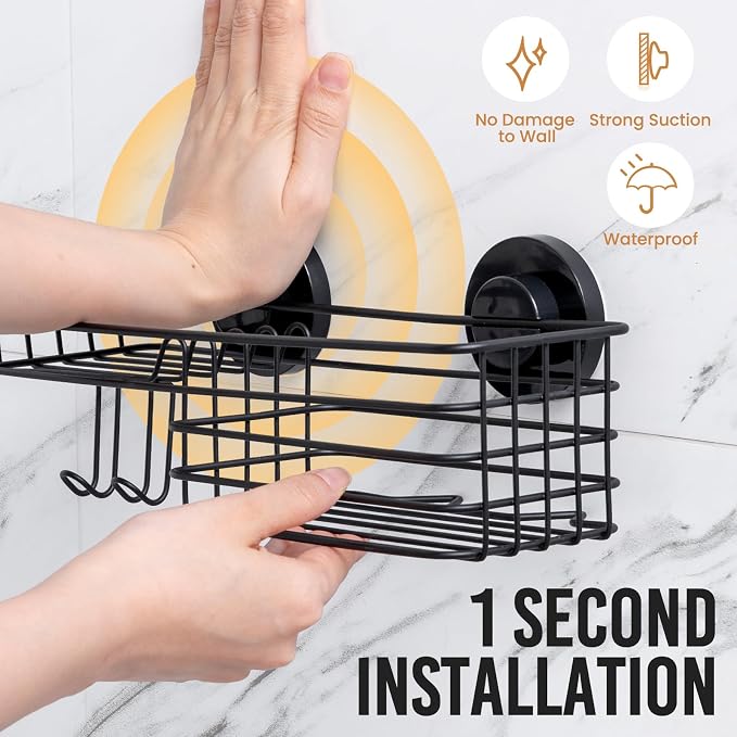 LEVERLOC Shower Caddy Suction Cup, 2 Pack Shower Shelves for Inside Shower with Hooks & Soap Holder, NO-Drilling Bathroom Shower Organizer, Rustproof Meatl Shower Holder Storage, Black - Image 2