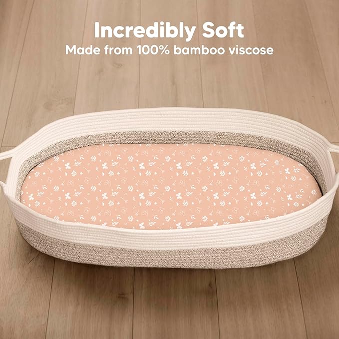 2-Pack Baby Bassinet Sheets Girl, Boy - 33x17 Viscose Derived from Bamboo Bedside Mattress Fitted Bassinet Sheets, Compatible with Halo Bassinest Swivel Sleeper, Baby Delight, Graco(Butterflies)