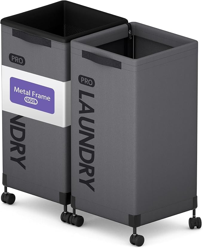 Caroeas Next-Gen 105L Matel Frame Laundry Basket with wheels, Clothes Hamper For Laundry Room (105L,Grey,2Pack) by Caroeas