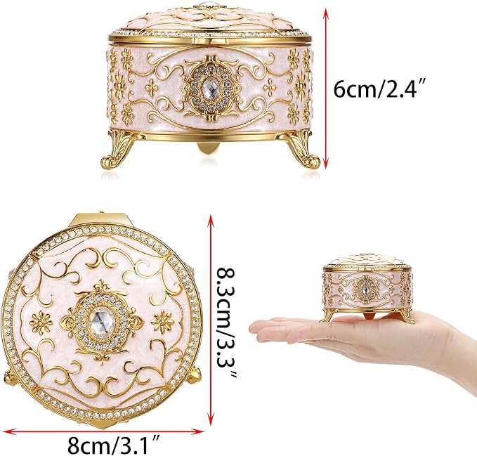 Hipiwe Metal Jewelry Box Small Treasure Chest Box Vintage Round Trinket Organizer Ring Holder Enameled Jewelry Box for Earrings Necklace Holder Gift for Birthday Christmas,Home Decor,Beige - Image 2