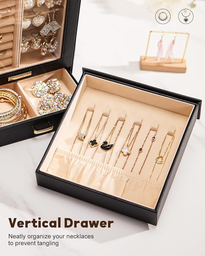 Homde Mothers Day Gifts Jewelry Organizer Girls Women Jewelry Box for Necklaces Rings Earrings Gift Bracelets Storage Case (Black + Gold) - Image 5