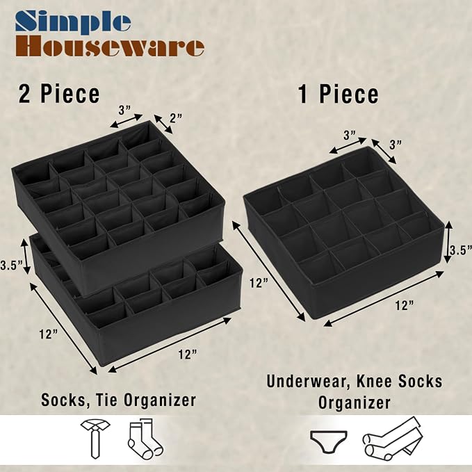 Simple Houseware Sock Drawer Organizer for Dresser/Closet/Bedroom, 3 Pack, Black - Image 2