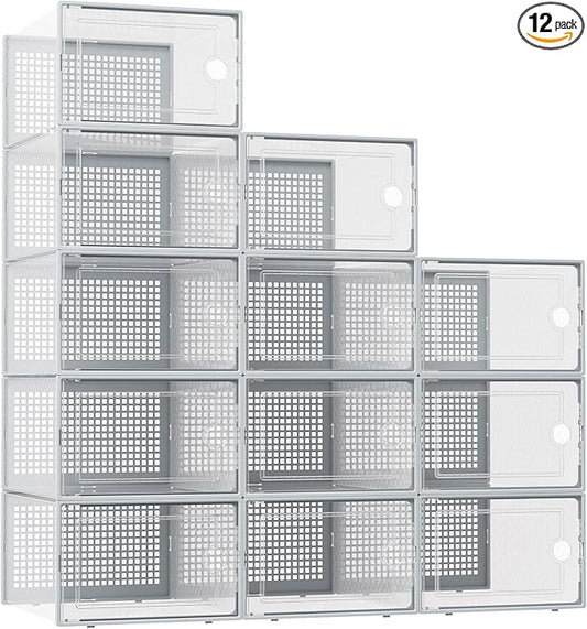 Kuject XX-Large Shoe Storage Boxes Organizers Clear Plastic Stackable 12 Pack, Shoe Rack & Holder Substitute, Sneaker Containers, Shoe Storage Organizer Bins for Closet, Under Bed, Grey(No Fold Line) by Kuject
