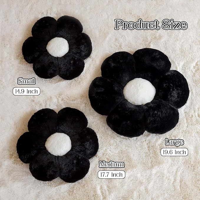 Kcvvcr Black Flower Pillow, Cute Decorative Flower Shaped Throw Pillow with Faux Rabbit Fur, 14.9" Soft Daisy Plush Floor Cushion Aesthetic Room Decor for Bed Sofa Couch