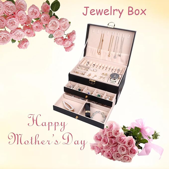 Jewelry Organizer Box for Women, Large Jewelry Organizer with Lock, 3 Tier Storage Box with Velvet Lining, 2 Drawers, Necklace Hooks, Ring Rolls - Image 2