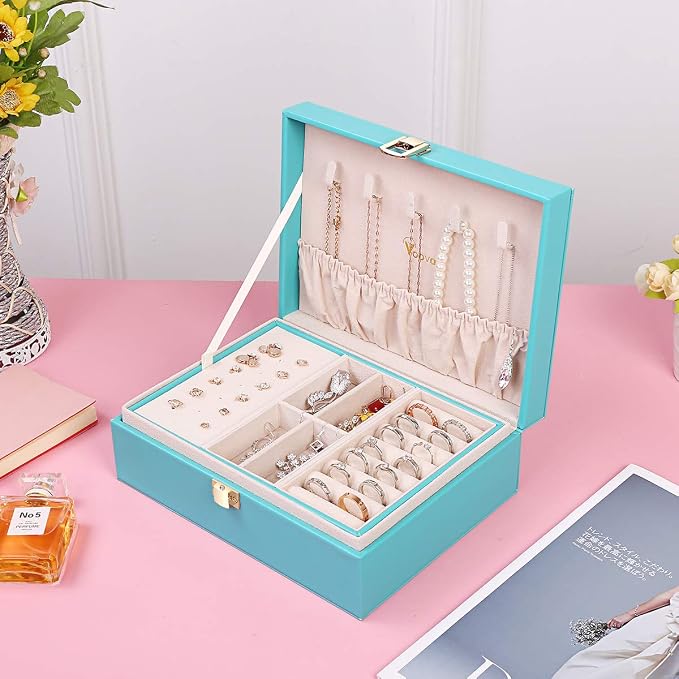 Voova Jewelry Box Organizer for Women Girls, 2 Layer Large Men Jewelry Storage Case, PU Leather Display Jewellery Holder with Removable Tray for Necklace Earrings Rings Bracelets, Gift, Teal/Lake Blue - Image 4