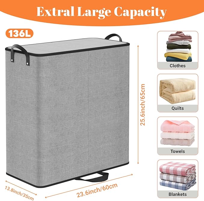 Large Double Laundry Hamper with Lid, Removable Bags & Reinforced Handles, 2 Section Tall Laundry Basket, Dirty Clothes Hampers for Laundry Room, Bedroom, Bathroom, Dorm, 136L, Gray - Image 2