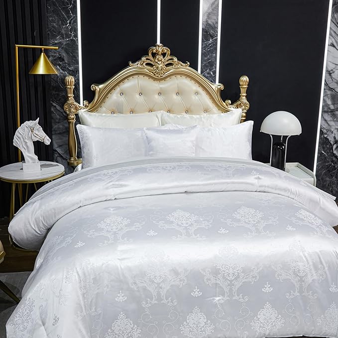 Jacquard Comforter Set White Sheet Set Satin Bedding Set Queen 8 Pcs Vintage Neoclassical Floral Bed Home Decor Soft Comforter Luxury Hotel Silky Bed in a Bag with 1 Cushion Cover