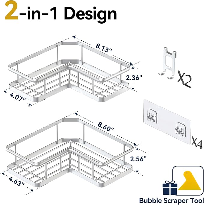 YASONIC Shower Caddy Corner, 2-Pack Adhesive Rustproof Stainless Steel Shower Shelves with Soap Holder, No Drilling Shower Organizer Corner for Dorm, Renters Bathroom Silver - Image 2