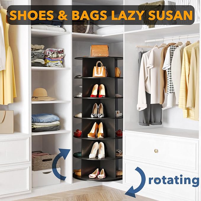 SpaceAid 6 Tier Rotating Shoe Rack Tower, Spinning Shoe Display Lazy Susan, Revolving 360 Shoe Rack Storage Round Carousel, Vertical Handbag Rotate Shoes Closet Organization (6-Tier Black) - Image 4