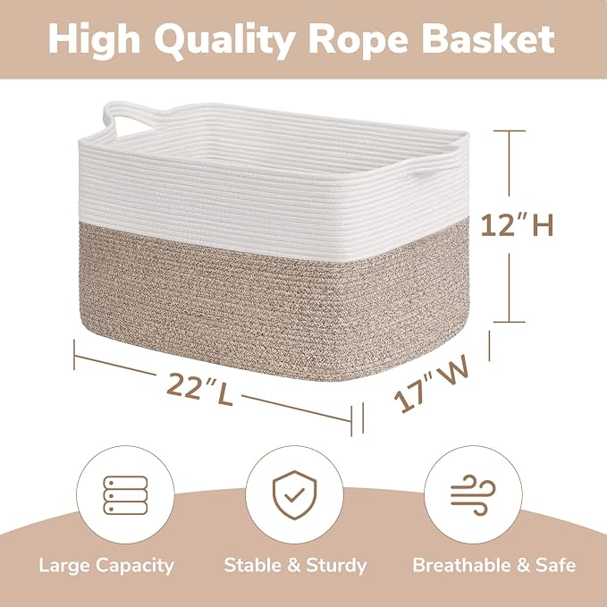Goodpick Large Blanket Basket 22" x 17" x 12" Woven Storage Baskets for Organizing, Rectangle Cotton Rope Basket for Living Room Bedroom, Toy Baskets Storage Kids, White & Brown - Image 3