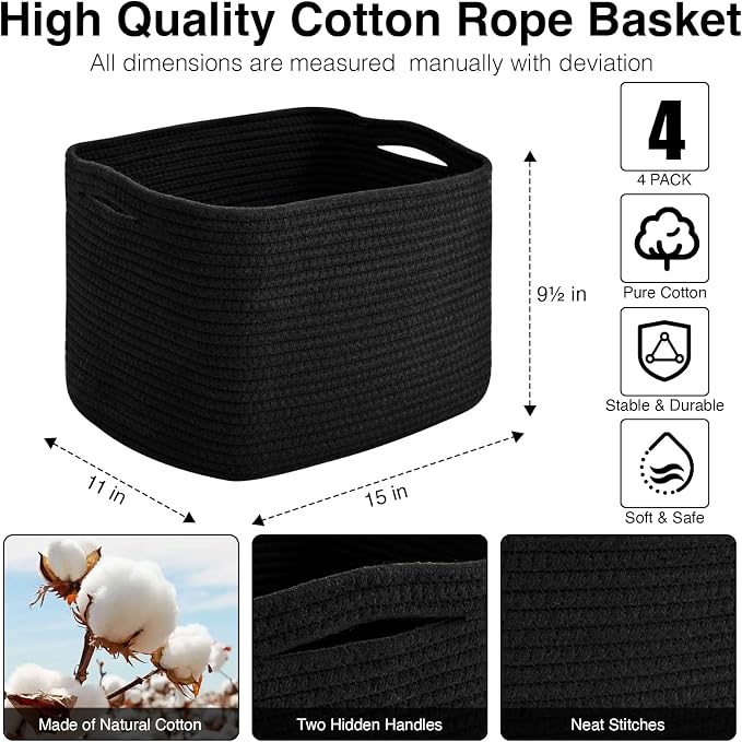 ICERZCZ Storage Baskets for Organizing & Shelves, Woven Cotton Rope Organization Bins for Dog Toys, Clothes, Books, Nursery Organizer, 15" Lx11''Wx9.5''H, (4 Packs) Black - Image 3