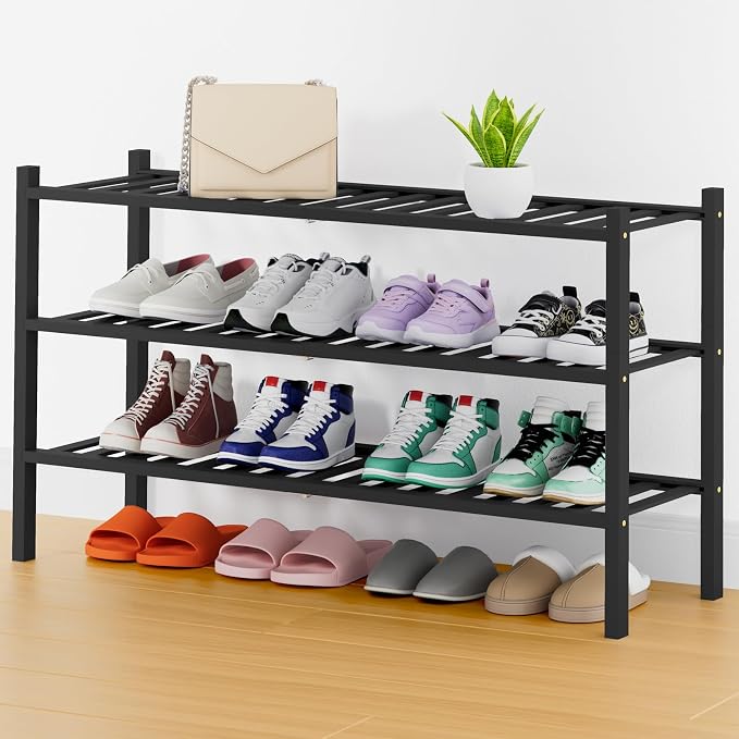 Smiry Shoe Rack, 3 Tier Thick Long Bamboo Shoe Organizer, Stackable Free Standing Wooden Shoe Storage Shelf for Closet, Entryway, Front Door Entrance, Black by Smiry