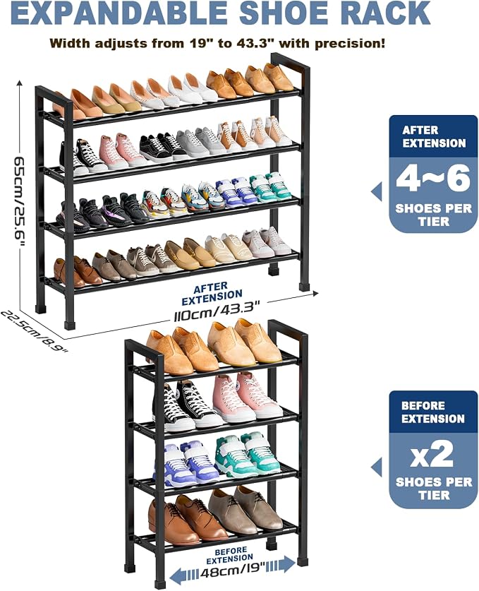 Mavivegue Expandable Shoe Rack, 4-Tier 19"-43.3" Adjustable Shoe Rack for Closet,Hall Entryway,Front Door,Garage, Sturdy Steel Space-Saving Rack, Black​ - Image 3