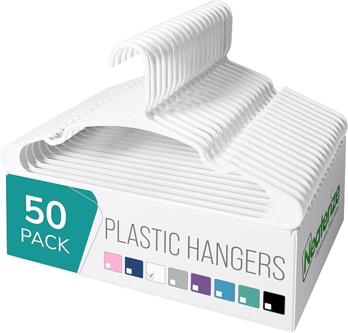NEATERIZE Clothes Hangers Plastic 50 Pack for Adults - Plastic Hangers, The Perfect Coat Hanger and Space Saving Clothes Hangers for Closet, Percheros Ganchos para Colgar Ropa Hangars - White Hangers by Neaterize