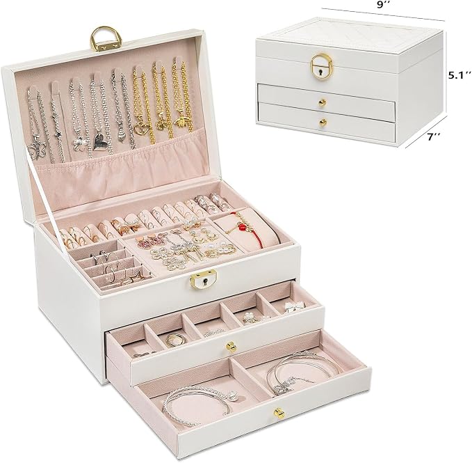 GUOER Jewelry Box for Women Girl Wife 3 Layers Large PU Leather Jewelry Organizer Storage Case with Two drawers Display for Earrings Bracelets Rings Watches Mother's Day (White) - Image 3