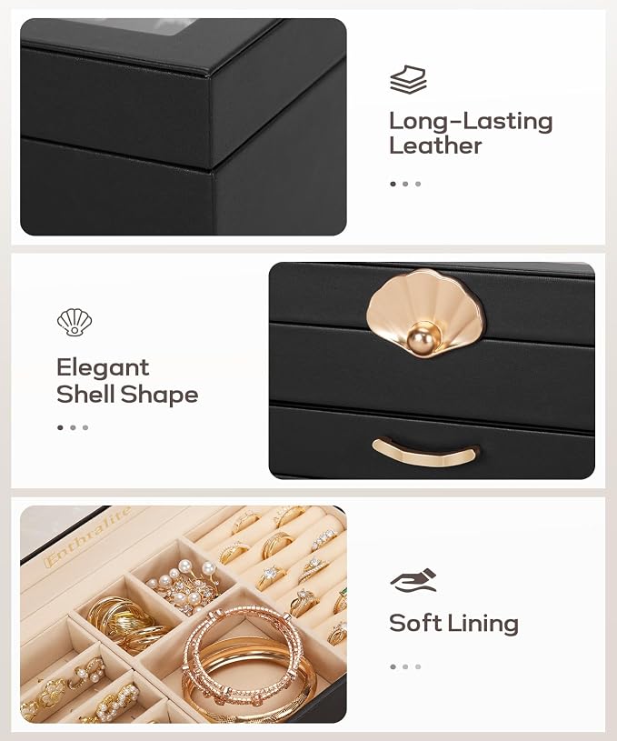 Enthralite Jewelry Box with 2 Drawers : Jewelry Display Organizer for Earrings Necklaces - Gift for Girls Women | Black - Image 8