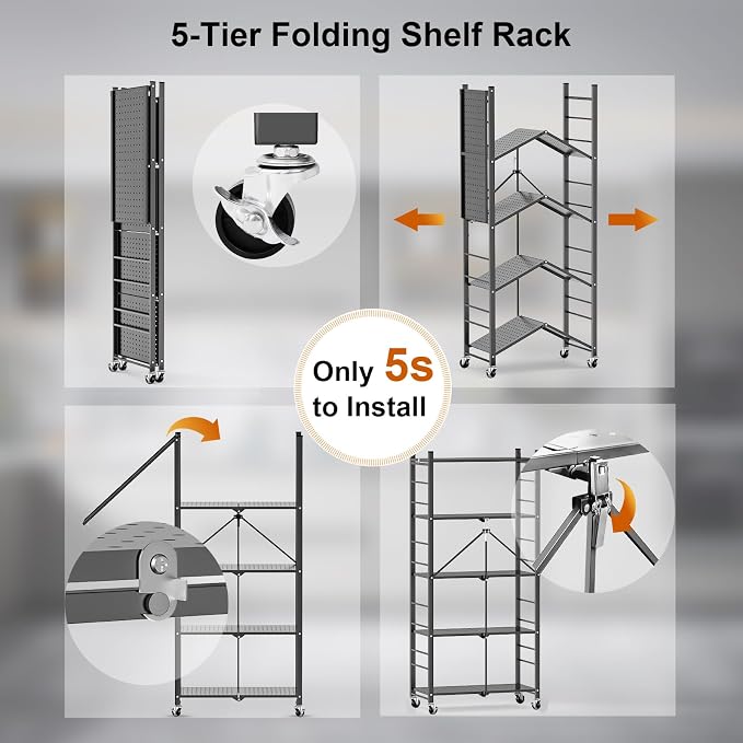 Himix Storage Shelves with 20 Hooks, 5-Tier Foldable Shelves for Storage, Folding Shelf Unit Pantry Shelves Bookshelf with Wheels, Vendor Display Racks for Craft Shows, Home, Grey - No Assembly - Image 5