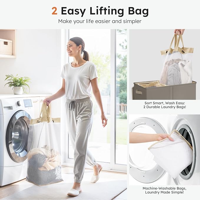 SOLEDI Large Double Laundry Hamper with Lid, Collapsible Clothes Hamper 2 section with Removable Bags, Space-Saving Laundry Basket for Bedroom, Dorm, College - Image 4