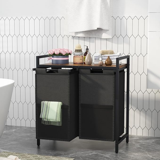 Huhote Laundry Hamper, double Laundry Basket, Laundry Sorter with Top Shelf & 2 Removable Washable Bags & Side Pockets for Laundry Room organization, Bathroom and Dorm, Rustic Brown and Black - Image 5