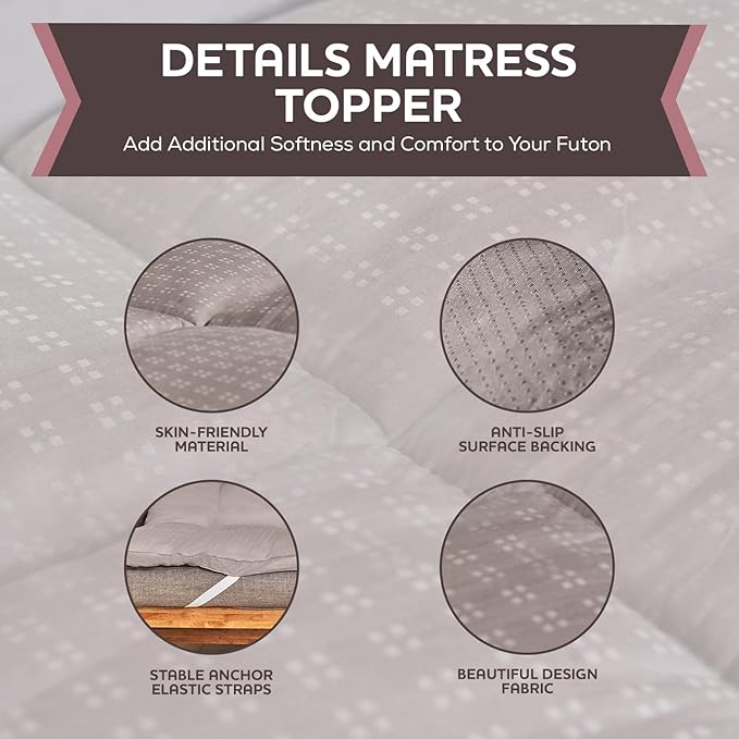 CirclesHome Grey Futon Mattress Toppers with Anti-Slip Anchors - Futon Cover Filled with Plush Down Alternative Fill - Full Size Futon Cover is Soft, Comfortable and Allergy Free (Size: 54 x 75 x 2)