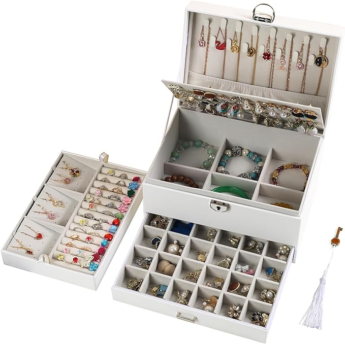 BOOVO Earring Jewelry Box For Women Girl Stud Organizer, 5 Layers Girl Jewelry Organizer Box With Lock Earring Holder Organizer Necklace Ring Jewelry Organizer Box For Girls (White, 5 layer) by BOOVO