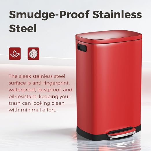 ELPHECO LPHECO Kitchen Trash Can with Lid Soft Close, 13 Gallon / 50L Stainless Steel Pedal Garbage Can, Heavy-Duty Step Wastebasket with 20 Bags, Removable Bucket, Home Office, Kitchen, Scarlet Red - Image 2
