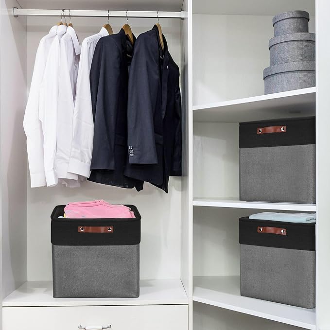 Bagnizer 13x13 Cube Storage Bins, Collapsible Fabric Storage Box, 4 Pack Closet Baskets with Handles for Organizing, Shelf, Toys, Clothes, Home, Office, Nursery (Grey&Black) - Image 3