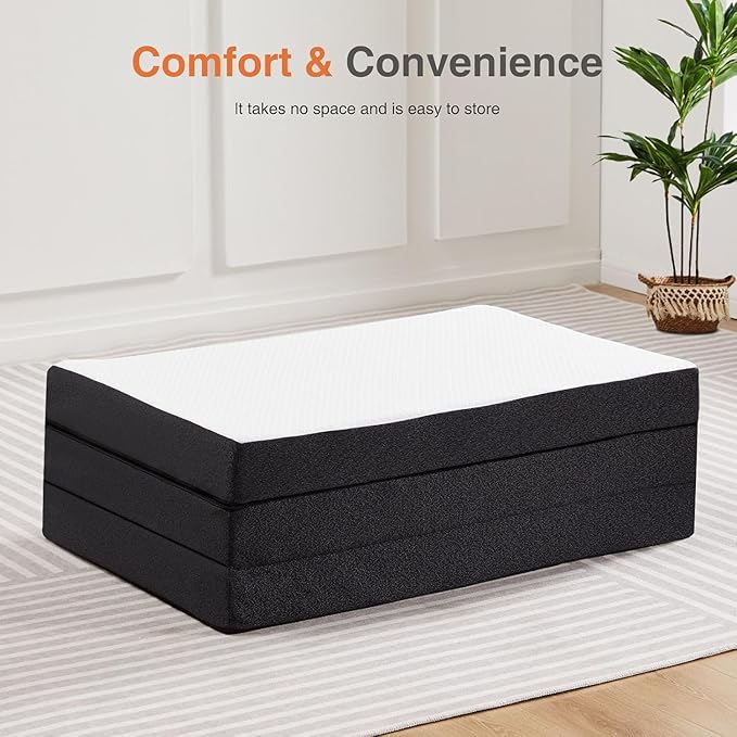 Folding Mattress, 4 inch Tri-fold Memory Foam Mattress Topper for Camping, Foldable Mattress Topper with Washable Cover, Guest - Twin Size, Grey