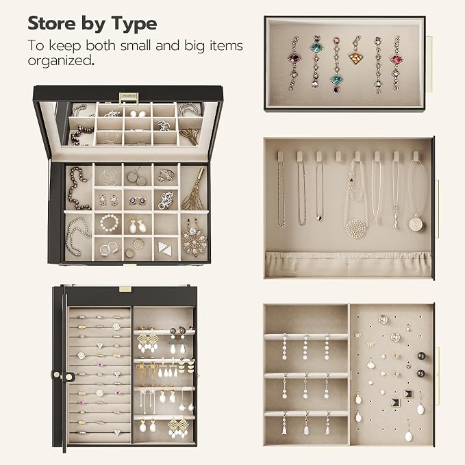 HOOBRO Jewelry Box with Mirror, Travel Jewelry Organizer with Glass Window, Jewelry Storage Case, Vertical Storage, Gift for Loved Ones, for Earrings, Rings, Necklaces, Bracelets, Black BK03JB04G2 - Image 5