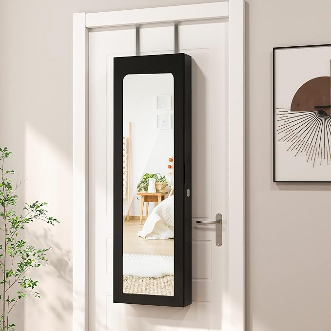 Giantex Wall Door Mounted Jewelry Cabinet with Full Length Mirror, Lockable Over Door Jewelry Armoire with LED Lights, 47.5" Large Jewelry Storage Organizer with 6 Drawers, Black - Image 2