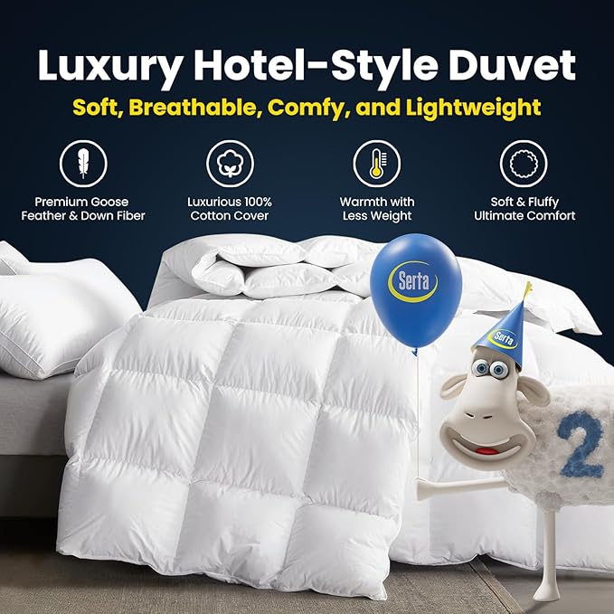 Serta Goose Feathers Down Fiber Comforter Queen Size Duvet Insert,100% Cotton,Hotel Luxury Hypoallergenic Comforter 58oz All Season Medium Warmth 90 x 90 in White