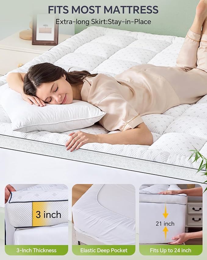 3 Inch Mattress Topper Queen,Pillow Top Mattress Topper with Bamboo Rayon Cover,Breathable Mesh Side Mattress Pad,21" Deep Pocket,Soft Support for Queen Size Memory Foam Mattress Bed Topper