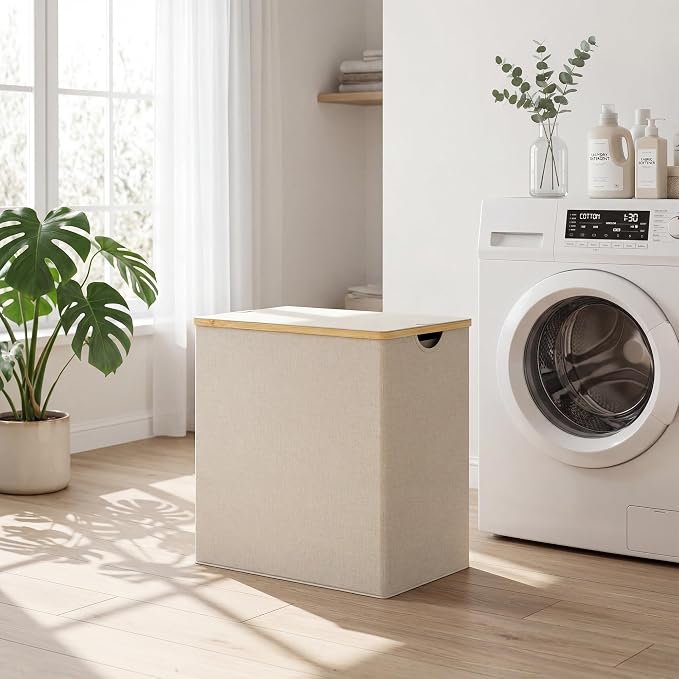 efluky Laundry Hamper with Lid, Double Laundry Hamper with 2 Removable Bags, 2 Section Laundry Basket with Bamboo Handles for Bathroom, Bedroom & Laundry Room, 140L (36.9 Gallon) Beige - Image 8