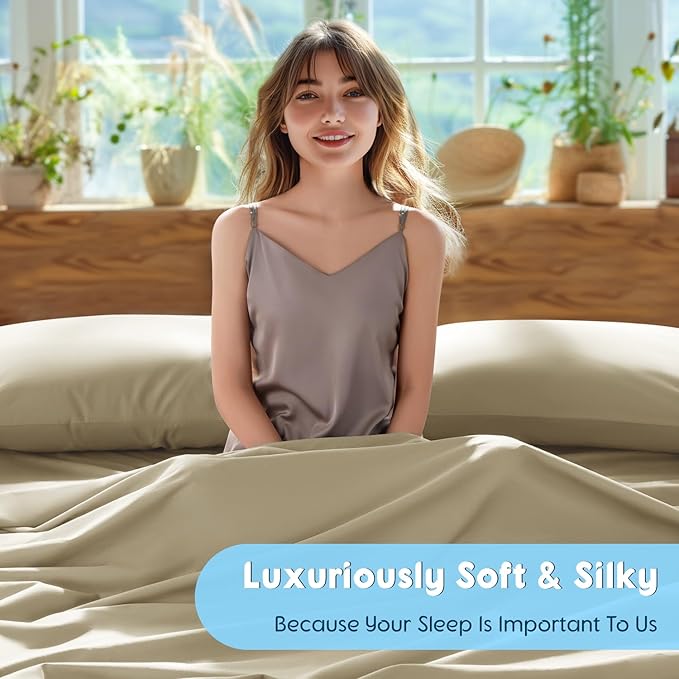 SONORO KATE 100% Egyptian Cotton Sheets Set - 1000 High Thread Count, Luxury 5-Star Hotel Sateen Bed Sheets, Soft, Breathable Long Staple Sheets, Fit up to 16" - 4 PC (Linen,King)