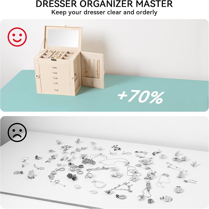 Frebeauty Large Jewelry Box,6-Tier PU Leather Jewelry Organizer,Multi-functional Storage Case with Mirror,Accessories Holder with 5 Drawers for Necklace Bracelets Watches(Beige) - Image 6