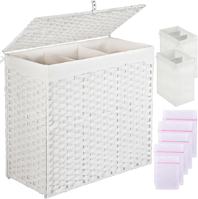 Greenstell Laundry Hamper with Lid, 125L Large Clothes Hamper with 3 Section & 2 Section Removable Liner Bags & 5 Mesh Laundry Bags, Handwoven Synthetic Rattan Divided Laundry Basket, White by Greenstell
