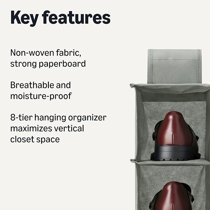 Amazon Basics 8-Tier Hanging Closet Shelf Shoe Organizer, Space Saving Storage, Foldable, 11.5 x 41 x 5.5 in, Dark Grey | for Closet Storage - Image 3