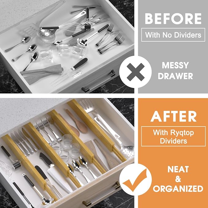 Bamboo Drawer Dividers Organizers, Kitchen Drawer Organizer, Adjustable Drawer Divider for Clothes, Kitchen, Dresser, Bedroom, Bathroom and Office, 4-Pack (Natural, 12-17 IN) - Image 2