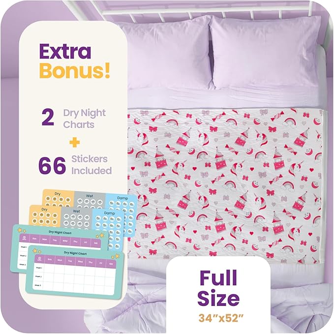 IMPROVIA® Pee Pads for Kids - Bed wetting Pads for Kids Potty Training Bed mats for Toddlers Waterproof Reuseable Washable Absorbent, Non Slip - Unicorn Design - Full Size 34”x52